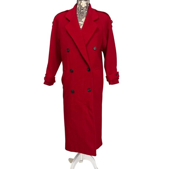 Vintage Morton Bernard Harve Women's Red Wool Trench Coat Black Size 4P FLAWS - Picture 1 of 12